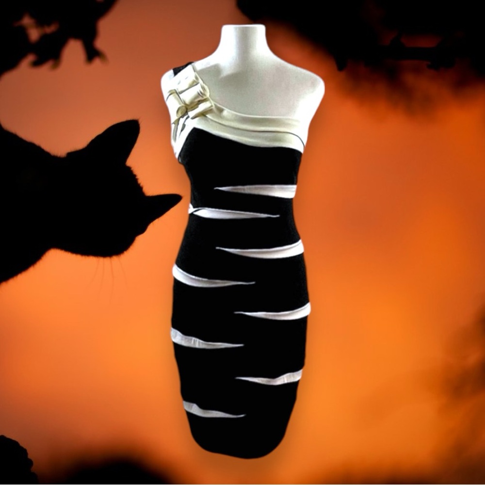 ENFOCUS VTG Dramatic Black & Ivory 1 Shoulder Hollywood Vibe Cocktail Dress 6